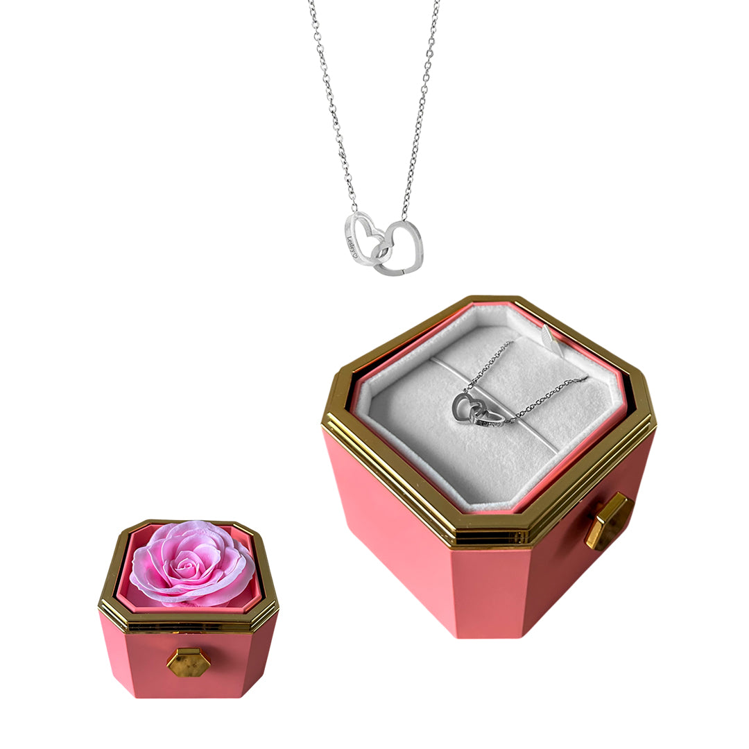 Rotating Box with Eternal Rose & 2 Heart Necklace