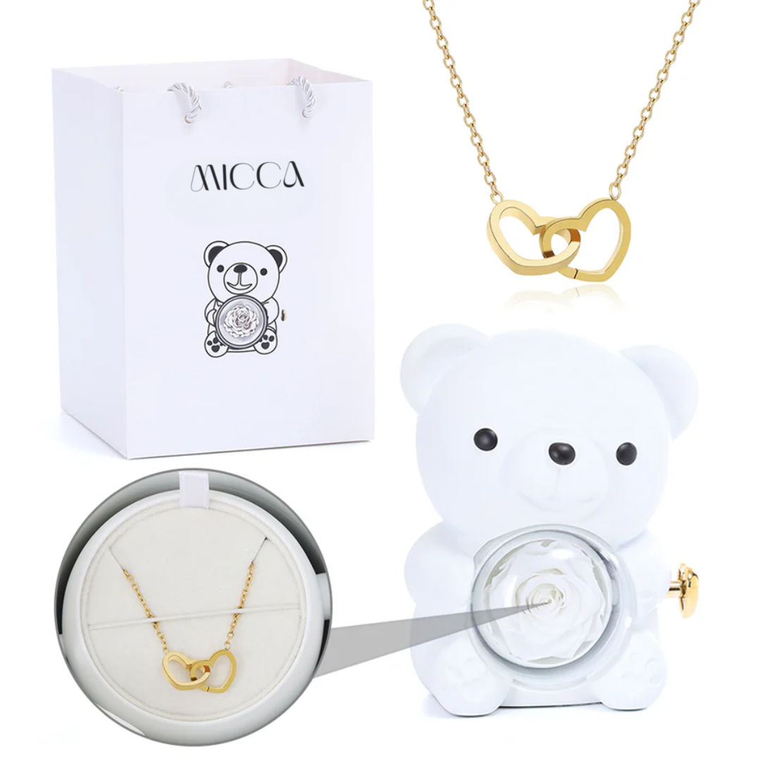 Oso con Rosa Eterna & Collar Personalizado con Nombres