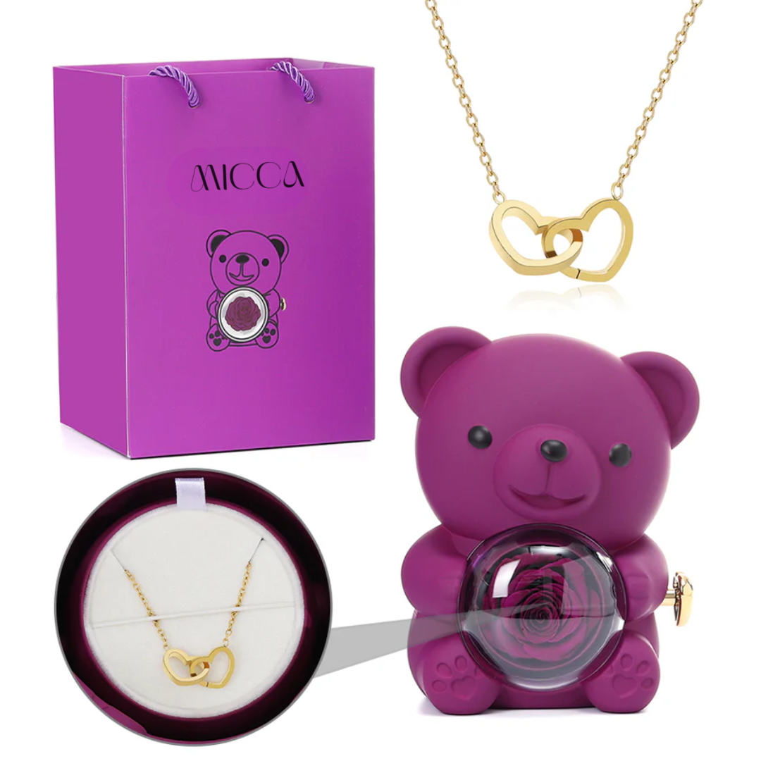 Oso con Rosa Eterna & Collar Personalizado con Nombres