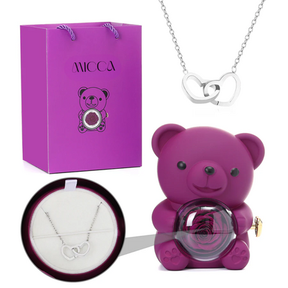 Oso con Rosa Eterna & Collar Personalizado con Nombres
