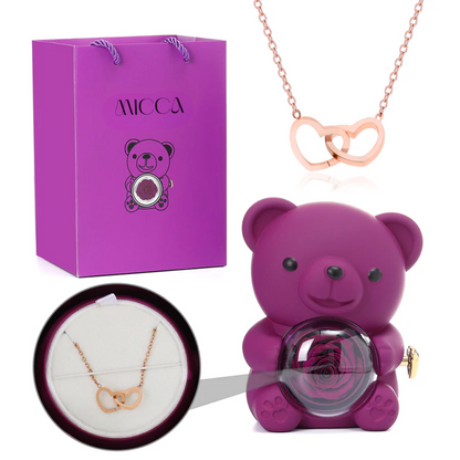 Oso con Rosa Eterna & Collar Personalizado con Nombres