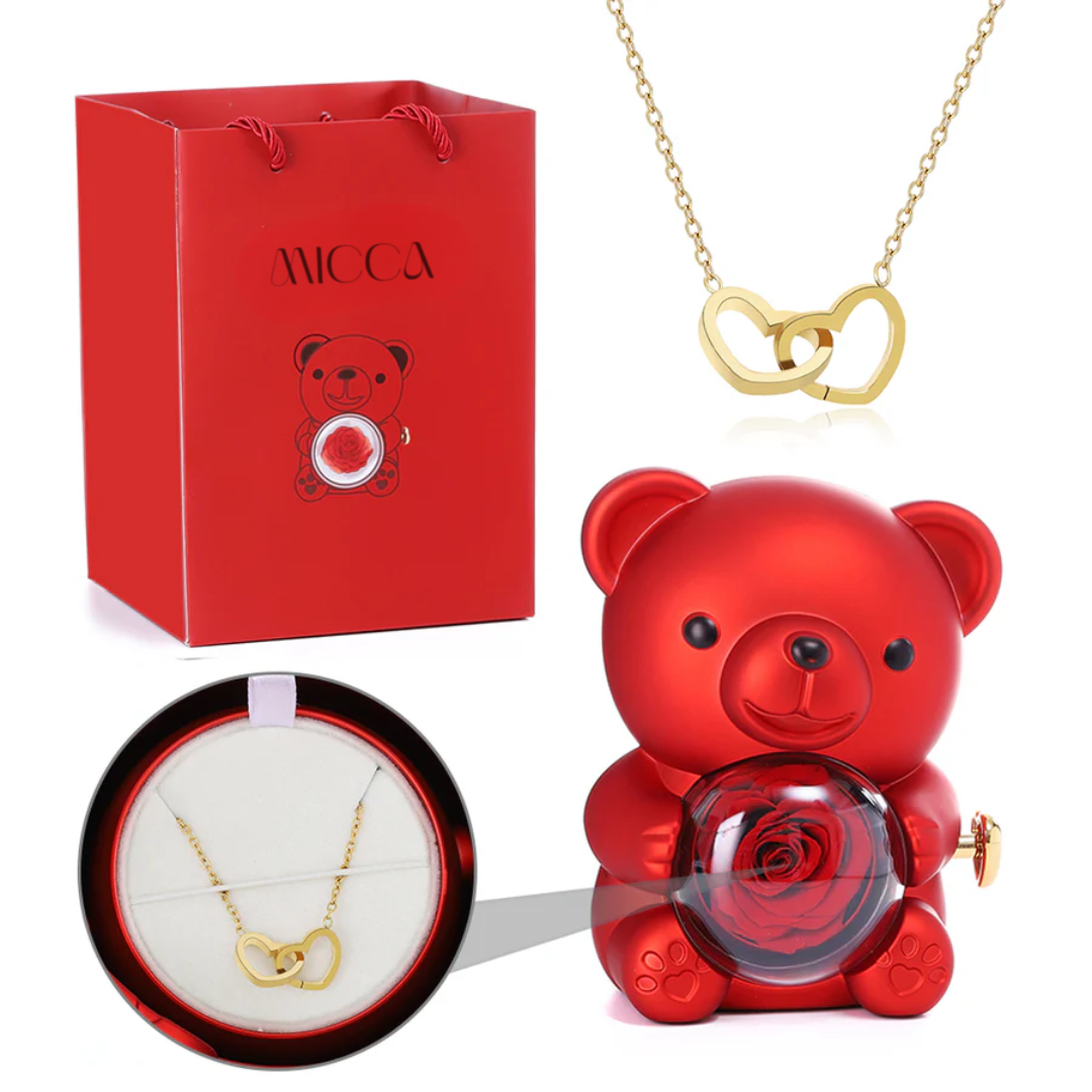 Bear with Eternal Rose & Personalized Necklace with Names 