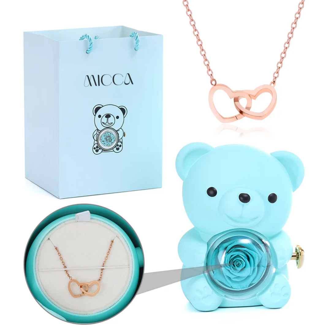 Oso con Rosa Eterna & Collar Personalizado con Nombres