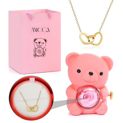 Oso con Rosa Eterna & Collar Personalizado con Nombres