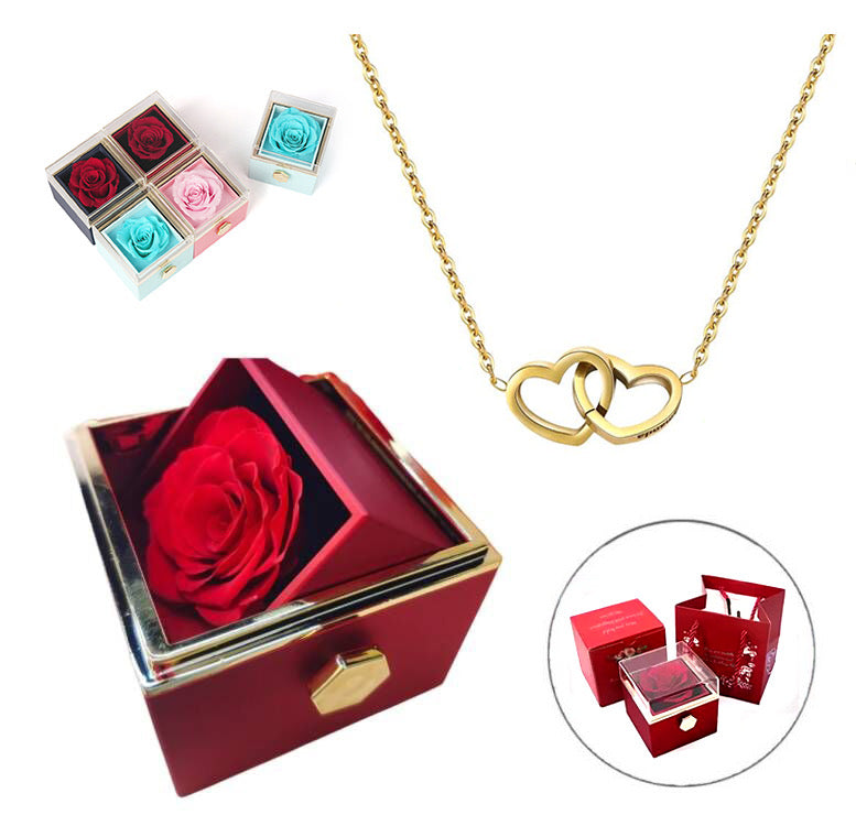 Box with Eternal Rose &amp; Personalized Necklace with Names