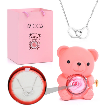 Oso con Rosa Eterna & Collar Personalizado con Nombres