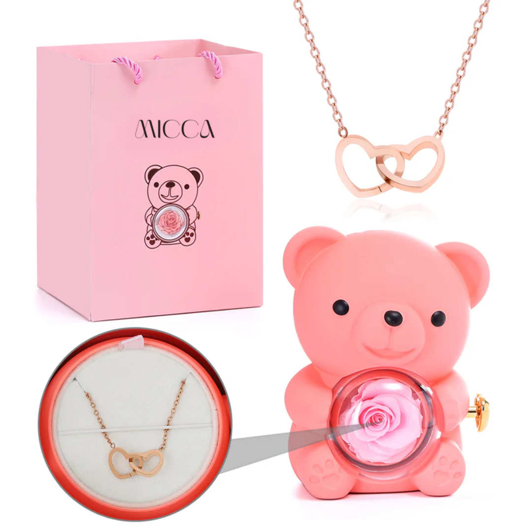Oso con Rosa Eterna & Collar Personalizado con Nombres