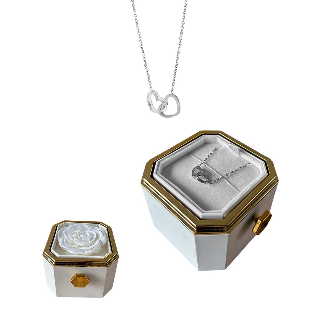 Rotating Box with Eternal Rose &amp; 2 Heart Necklace 