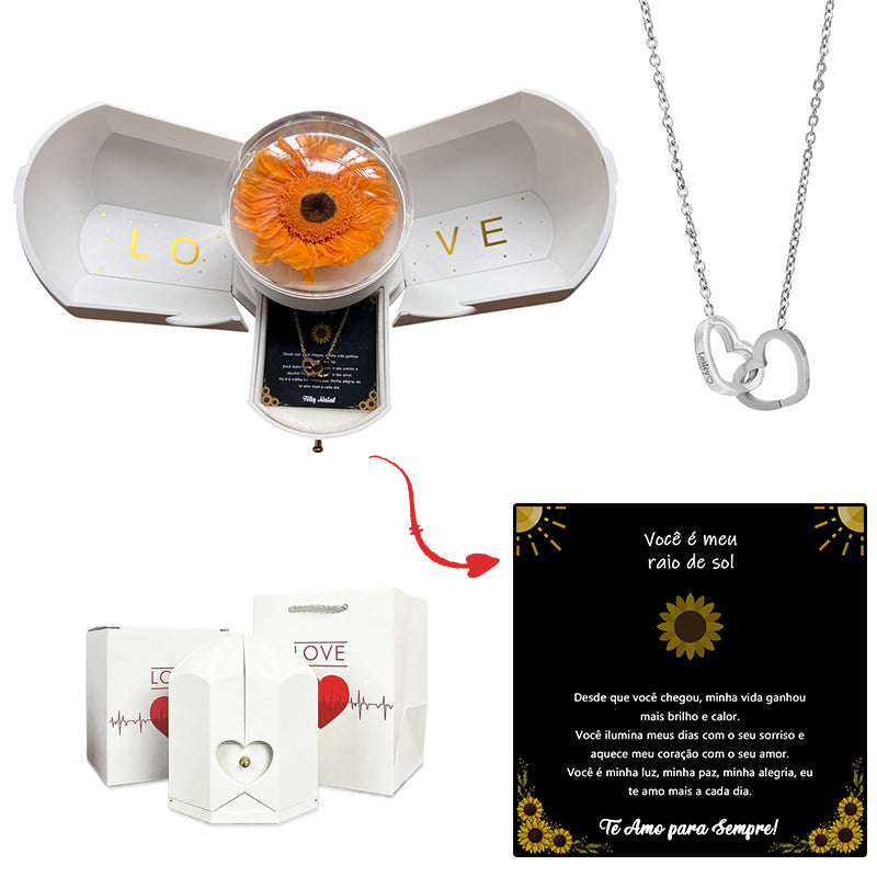 Caja con Girasol Eterno & Collar Corazón Personalizado