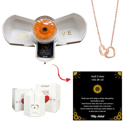 Caja con Girasol Eterno & Collar Corazón Personalizado