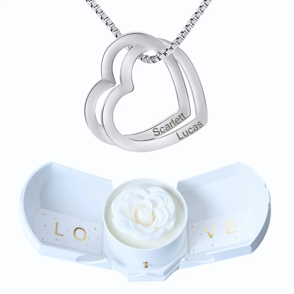 Caja con Rosa Eterna & Collar Corazones entrelazados 💕