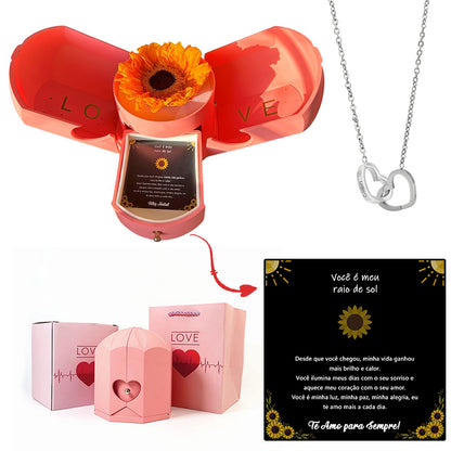 Caja con Girasol Eterno & Collar Corazón Personalizado