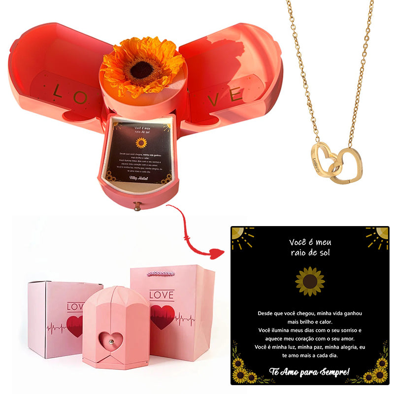 Caja con Girasol Eterno & Collar Corazón Personalizado