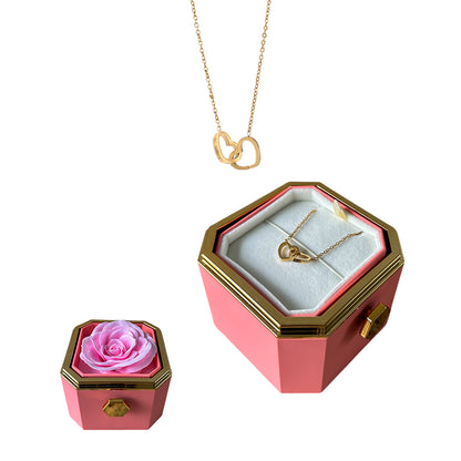 Rotating Box with Eternal Rose &amp; 2 Heart Necklace 
