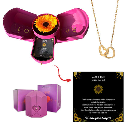 Caja con Girasol Eterno & Collar Corazón Personalizado