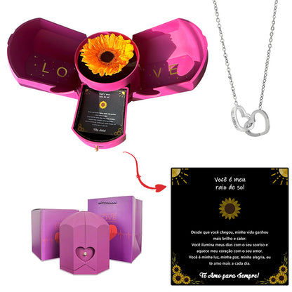 Caja con Girasol Eterno & Collar Corazón Personalizado