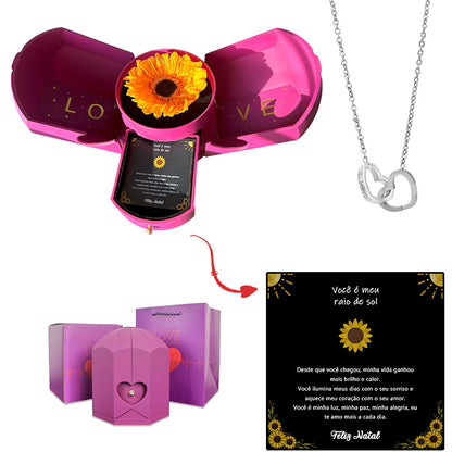 Caja con Girasol Eterno & Collar Corazón Personalizado
