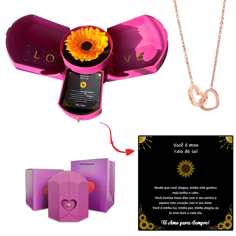 Caja con Girasol Eterno & Collar Corazón Personalizado