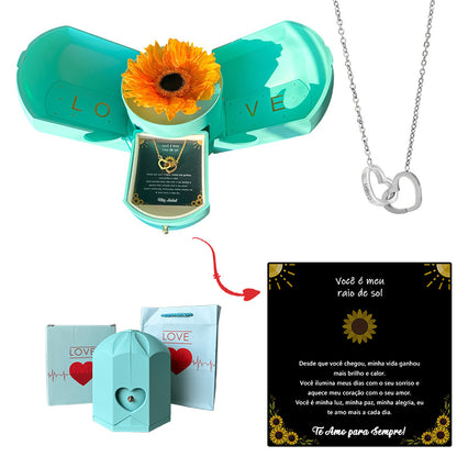 Caja con Girasol Eterno & Collar Corazón Personalizado
