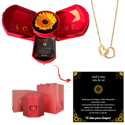 Caja con Girasol Eterno & Collar Corazón Personalizado