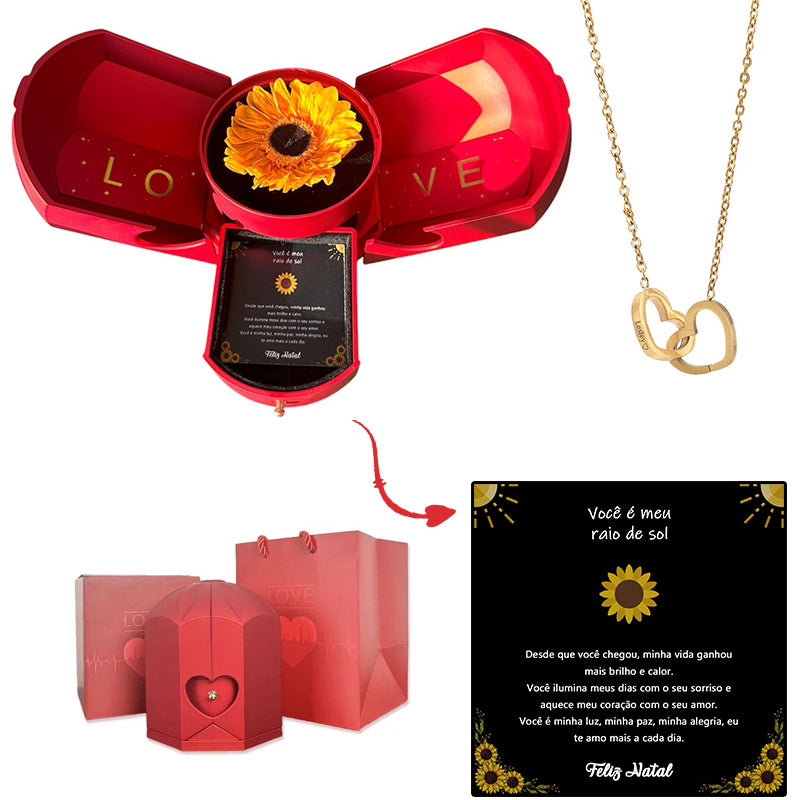Caja con Girasol Eterno & Collar Corazón Personalizado
