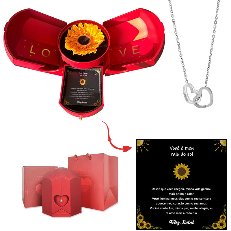 Caja con Girasol Eterno & Collar Corazón Personalizado