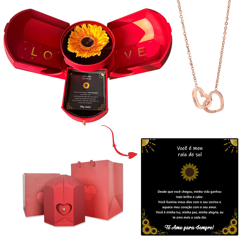 Caja con Girasol Eterno & Collar Corazón Personalizado
