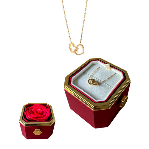 Rotating Box with Eternal Rose &amp; 2 Heart Necklace 