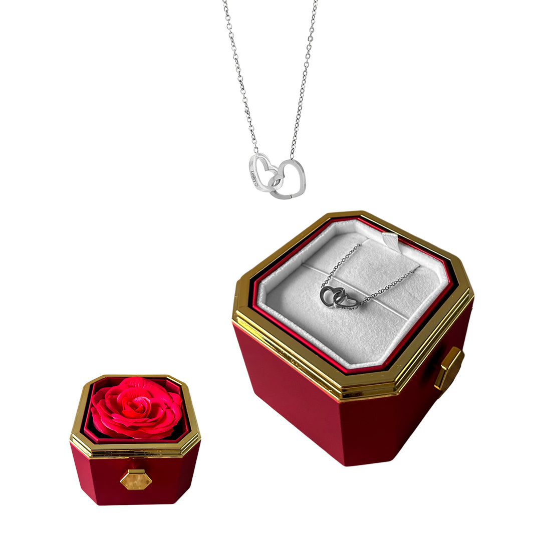 Rotating Box with Eternal Rose &amp; 2 Heart Necklace 